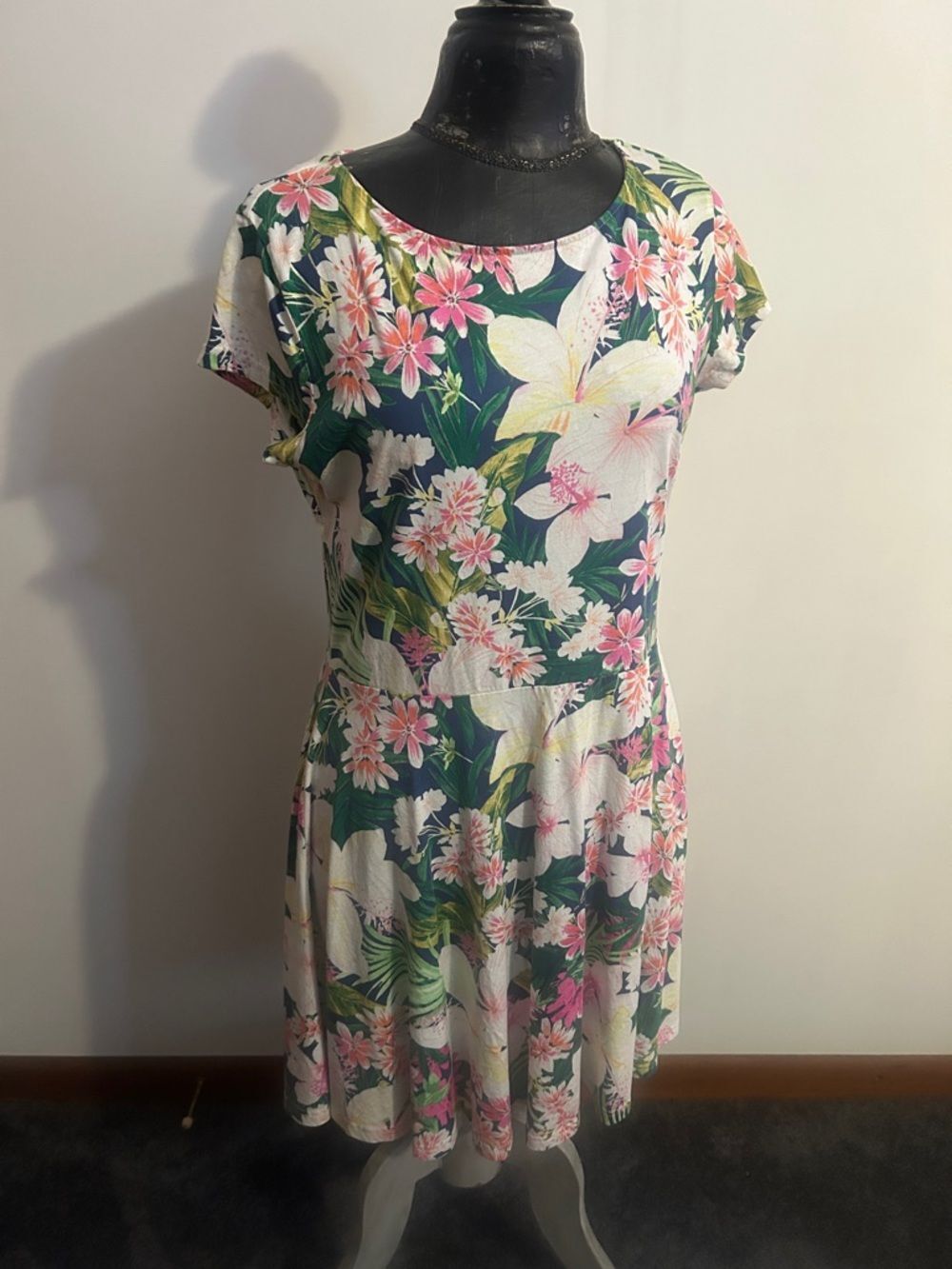 American Living Floral Scoop Neck Fit & Flare Dress - Pink & Green